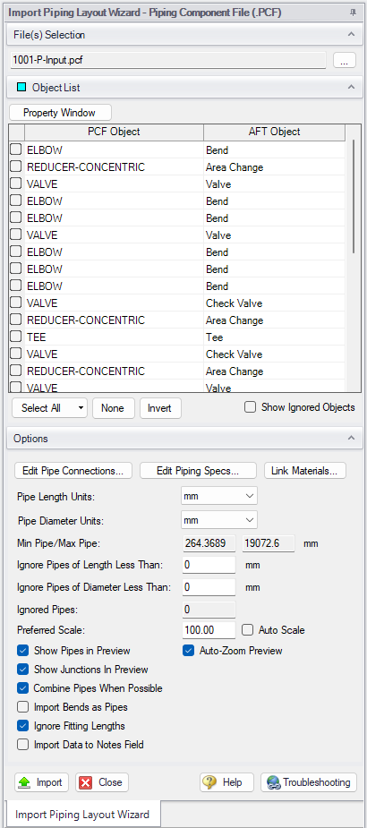 The Import Piping Layout Wizard for Piping Component Files.